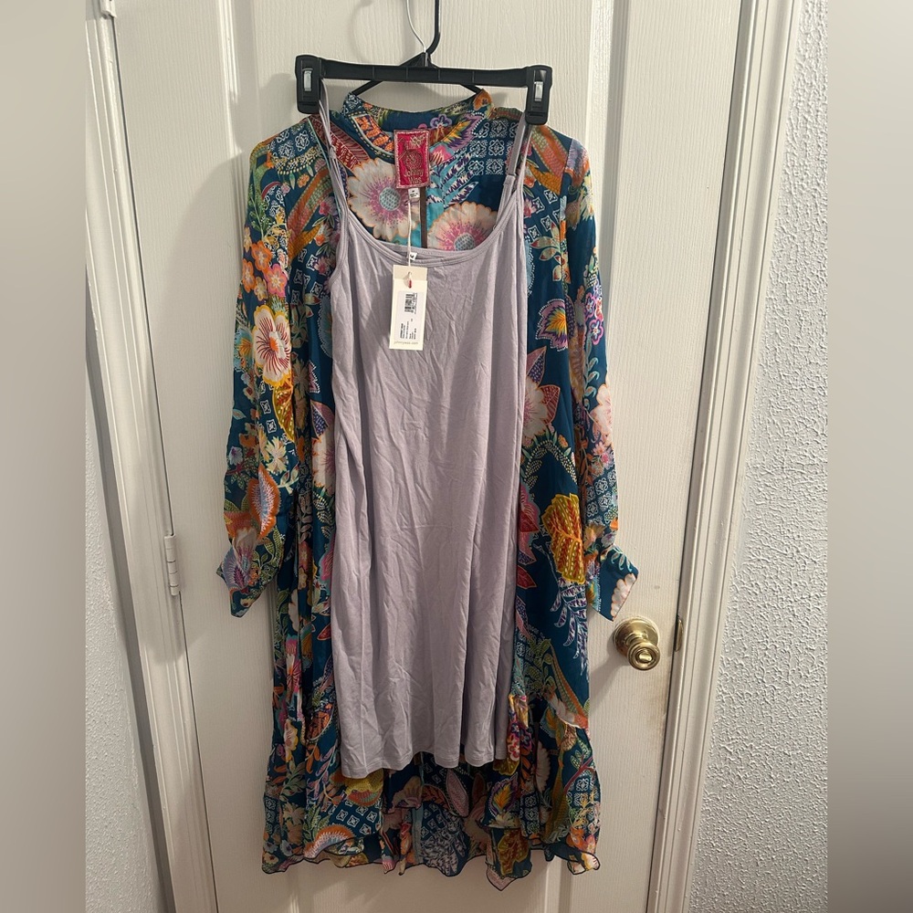 JOHNNY WAS WILD IMANA DRESS (SLIP), Multicolor Floral Long Sleeve. Two Pieces - Picture 14 of 15